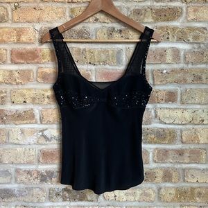Armani Exchange Black Silk Tank w/ Beaded Bustline and Mesh Straps